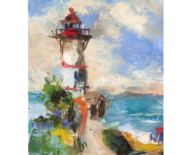 絵画　海　灯台 海景灯台絵画オリジナル海洋絵画海岸海油絵アートワーク