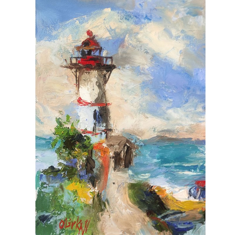 Lighthouse Painting Original Seascape Art Lighthouse Artwork Oil Painting - Wall Décor - Other Materials Multicolor