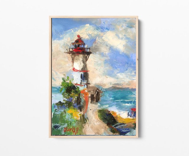 灯台の絵画 オリジナルの海景アート 灯台のアートワーク 油絵