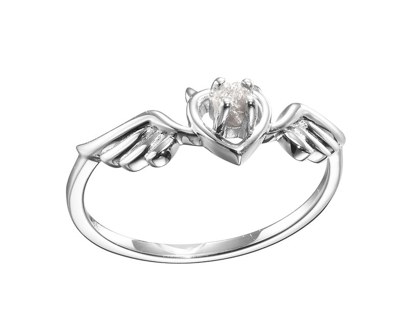 Angel Wing Ring, Sacred Heart Diamond Ring, 9K White Gold Raw Diamond Ring - แหวนทั่วไป - เพชร สีเงิน