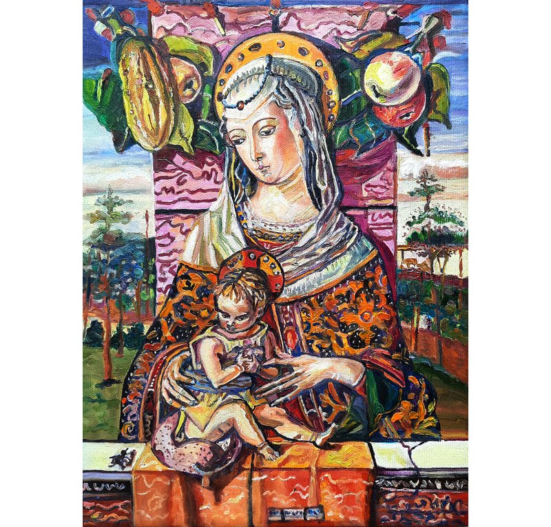 Madonna   Original Art Oil Painting Oil on Canvas Wall Decor - ตกแต่งผนัง - วัสดุอื่นๆ สีส้ม