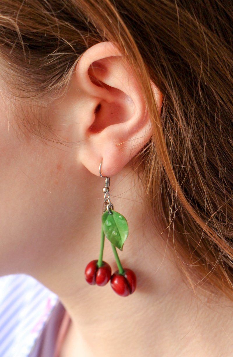 Summer earrings, Cherry earrings - ต่างหู - วัสดุอื่นๆ สีแดง