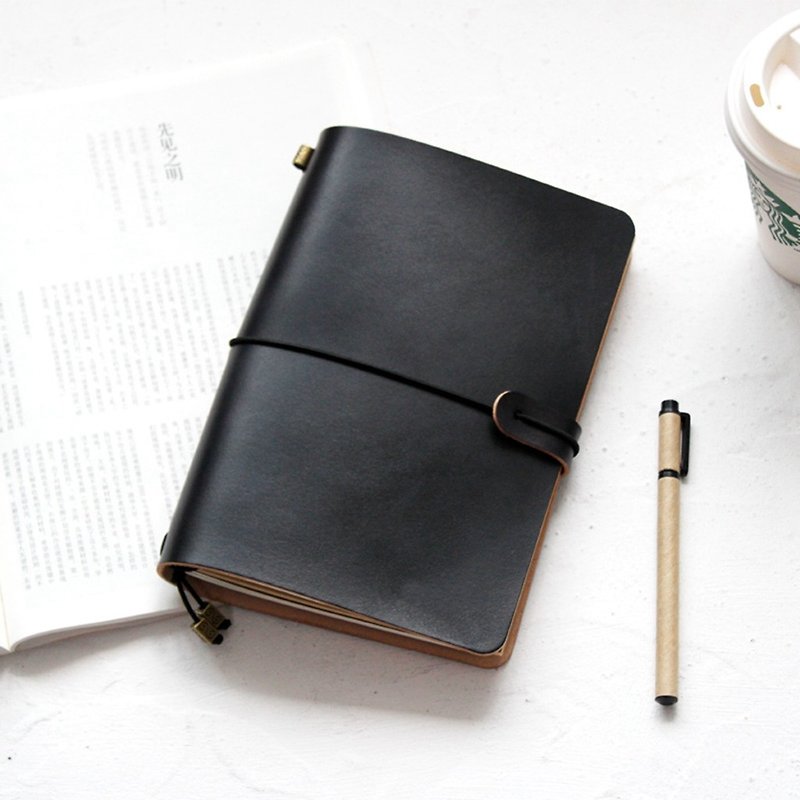 Black A5 hand book leather notebook/diary/travel book customized gift book cover book jacket - สมุดบันทึก/สมุดปฏิทิน - หนังแท้ สีดำ