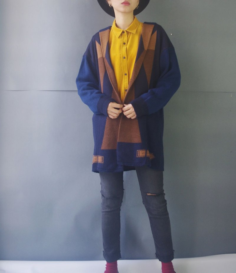 尋寶古著-瑞典製KRISS幾何色塊深藍咖針織開襟外套 - 毛衣/針織衫 - 羊毛 藍色
