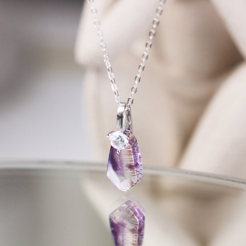 Collection. Super seven rough stone single diamond sterling silver crystal necklace all-around good luck for career and wealth crystal - สร้อยคอ - เงินแท้ สีม่วง