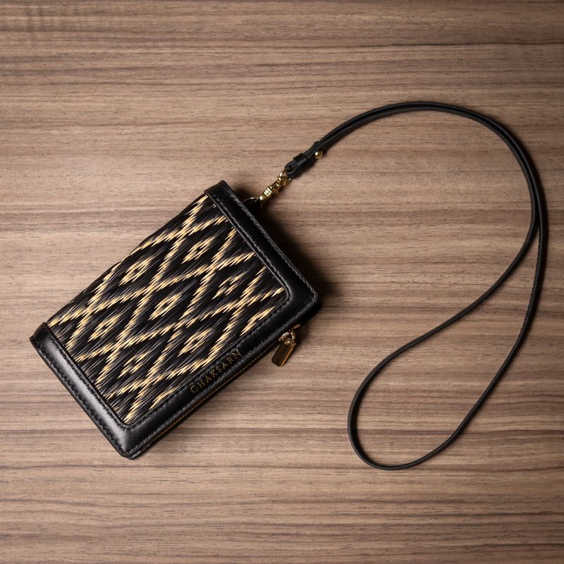 Chaksarn Mini Wallet from Lambskin Leather & Handwoven Straw - 錢包/皮夾/長短夾 - 真皮 黑色