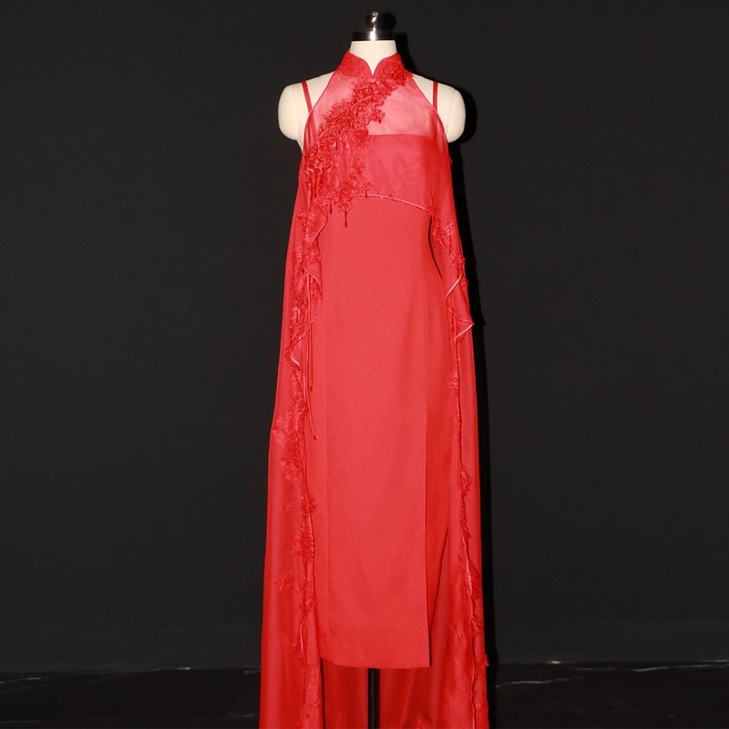 CHAELING Haute Couture Red Lace Long Train Ball Gown Chinese Cheongsam Long Dress - Qipao - Silk 