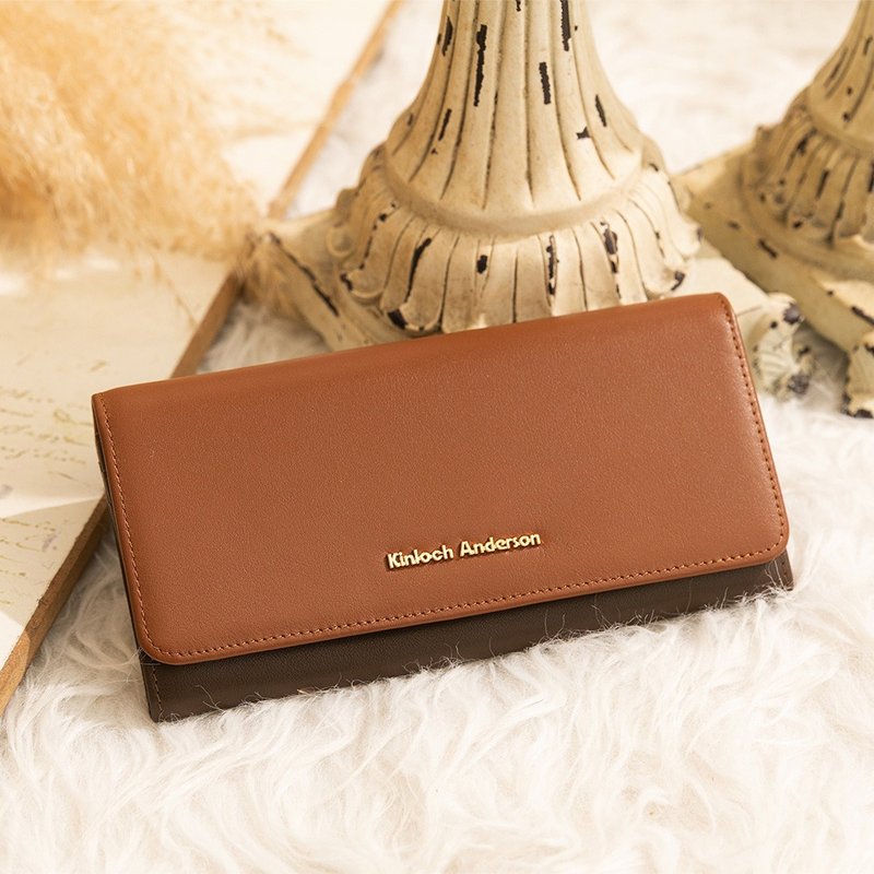 【金安德森】Velin 撞色經典壓釦長夾-秋暮棕 - 錢包/皮夾/長短夾 - 真皮 咖啡色