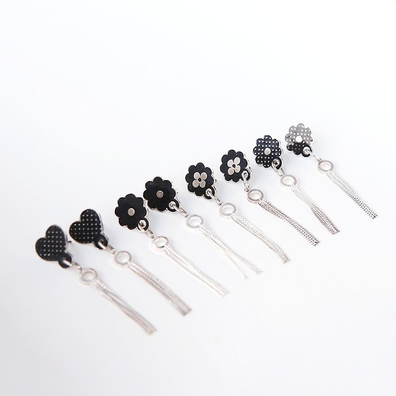 Flower stud earrings with sterling silver tassel, Flower stud earrings, Heart stud earrings, Tassel dangle earrings - Earrings & Clip-ons - Other Metals Black