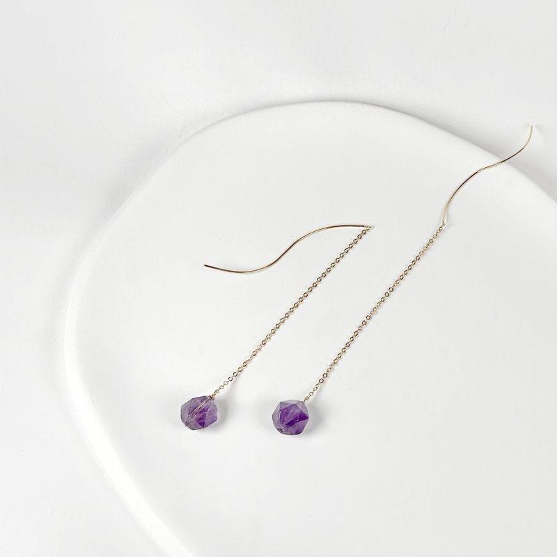 天然紫水晶316醫療鋼耳環/針式耳環 天然寶石 垂墜式 抗過敏耳環 - 耳環/耳夾/耳骨夾 - 不鏽鋼 紫色