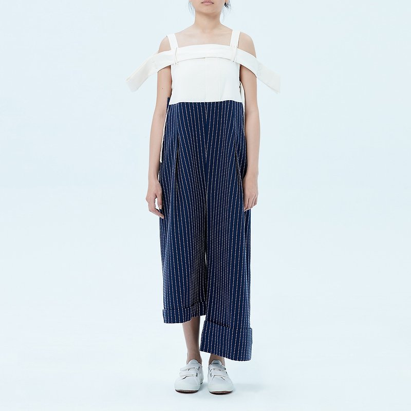 Striped Adjustable Cotton Jumpsuit - จัมพ์สูท - ผ้าฝ้าย/ผ้าลินิน สีน้ำเงิน