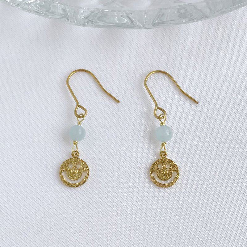 smiley. Aquamarine Natural Stone Bronze Ear Hooks Hand Made Earrings Expressing Ability Vitality Healing - ต่างหู - คริสตัล สีน้ำเงิน