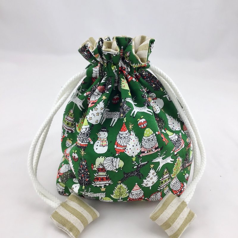 純粋な綿の両面ドローストリングポケット/雑貨バッグ/化粧品バッグ/おもちゃのバッグ-グリーンクリスマス+テキストグリーンストライプ - ポーチ - コットン・麻 