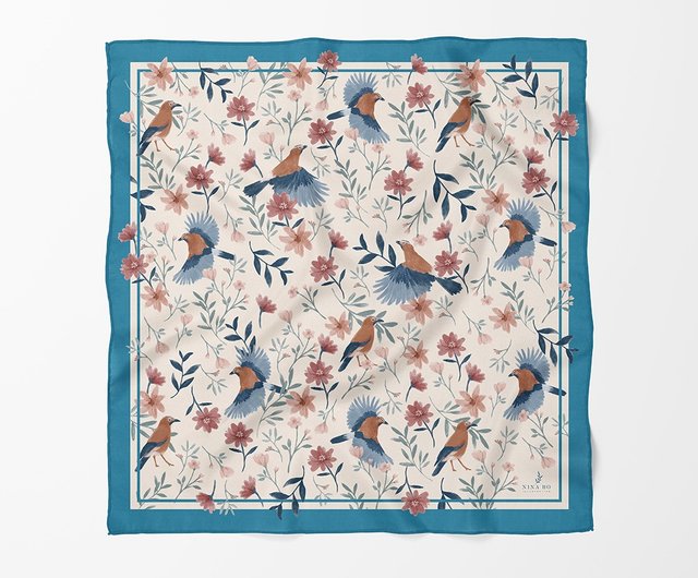 鳥と野の花の両面シルクスカーフ/エメラルドグリーン - ショップ