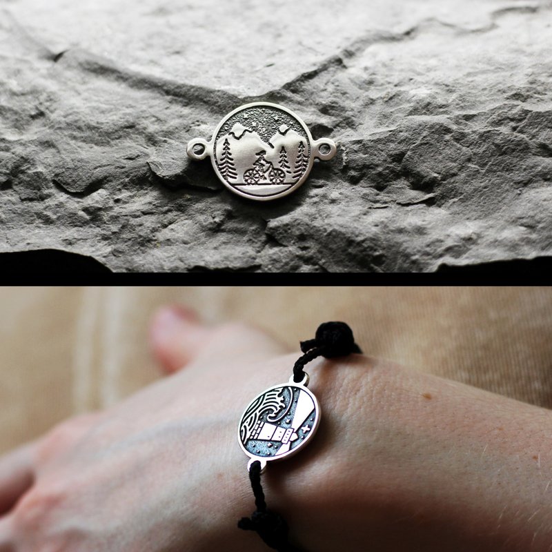 Bike and mountain view silver bracelet traveller symbol. Nature lover tourism - 手鍊/手環 - 純銀 銀色