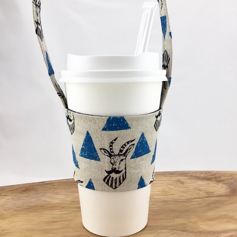 Gentleman goat + blue triangle models - drink cup sleeve to bring - can be fixed straw - ถุงใส่กระติกนำ้ - ผ้าฝ้าย/ผ้าลินิน 