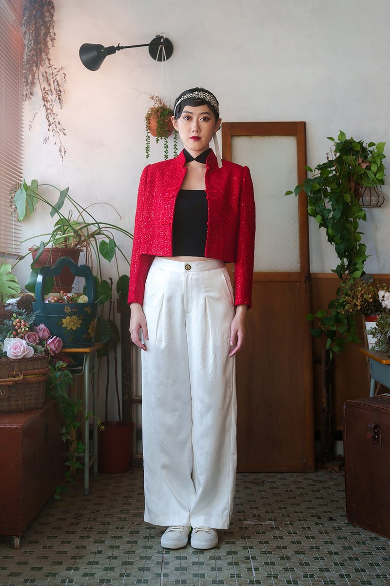 Cropped Tweed Tang Jacket (Red) - เสื้อสูท/เสื้อคลุมยาว - ผ้าฝ้าย/ผ้าลินิน สีแดง