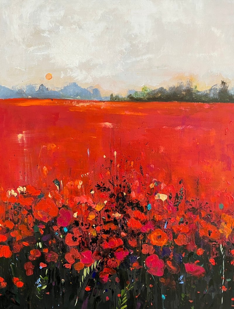 Poppies field Oil on canvas painting  Impressionism art Abstract landscape art - Wall Décor - Other Metals Red