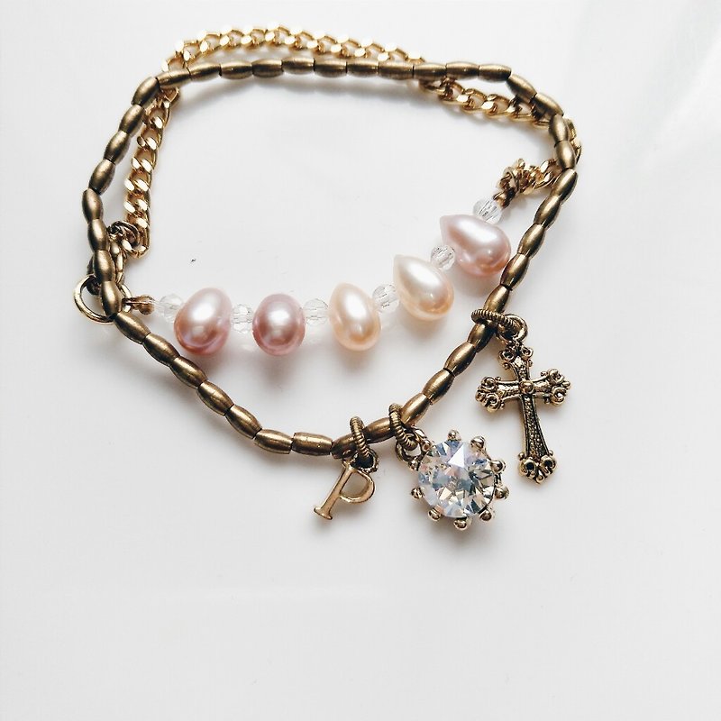 momolico candy arm brass pearl diamond cross bracelet - Bracelets - Other Materials Gold