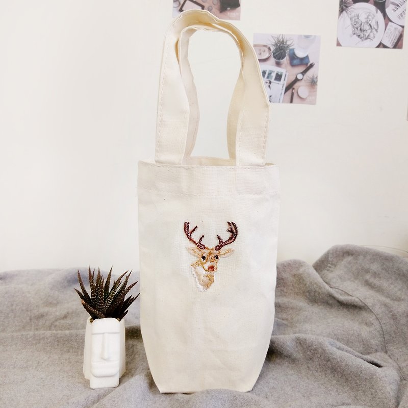 Elk drink bag embroidery - Beverage Holders & Bags - Cotton & Hemp White