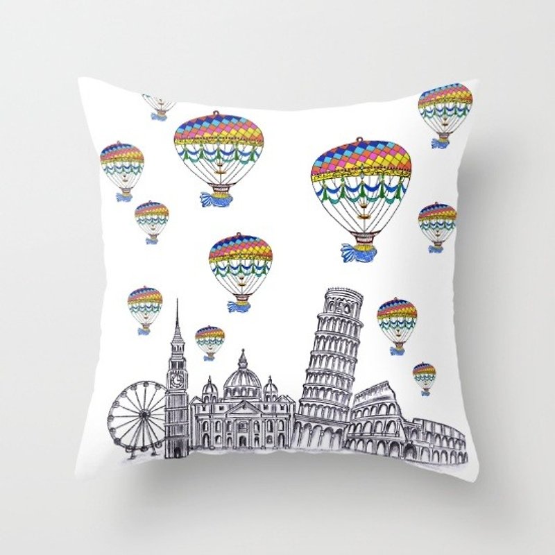 Travel with Pencil Hot Air Balloon Hand Painted Pillow - Cozy and Comfortable, Quality Printed in USA - หมอน - วัสดุอื่นๆ 