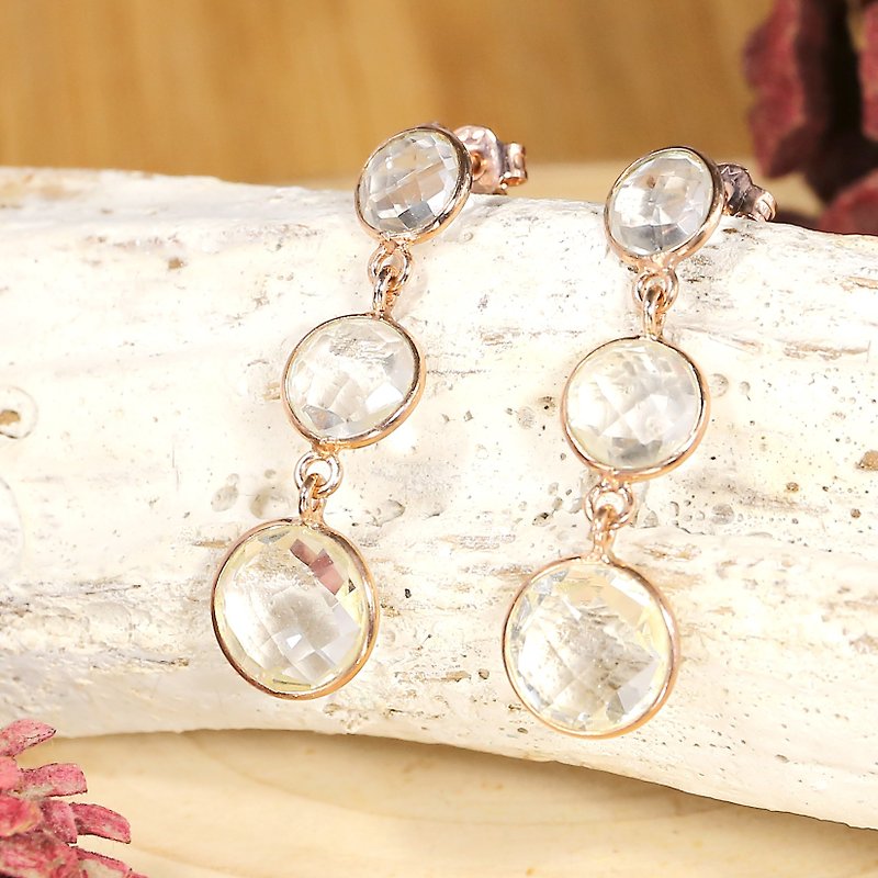 Round RoseCut White Crystal 18K Rose Gold Plated Silver Dangling Earring - Earrings & Clip-ons - Gemstone White