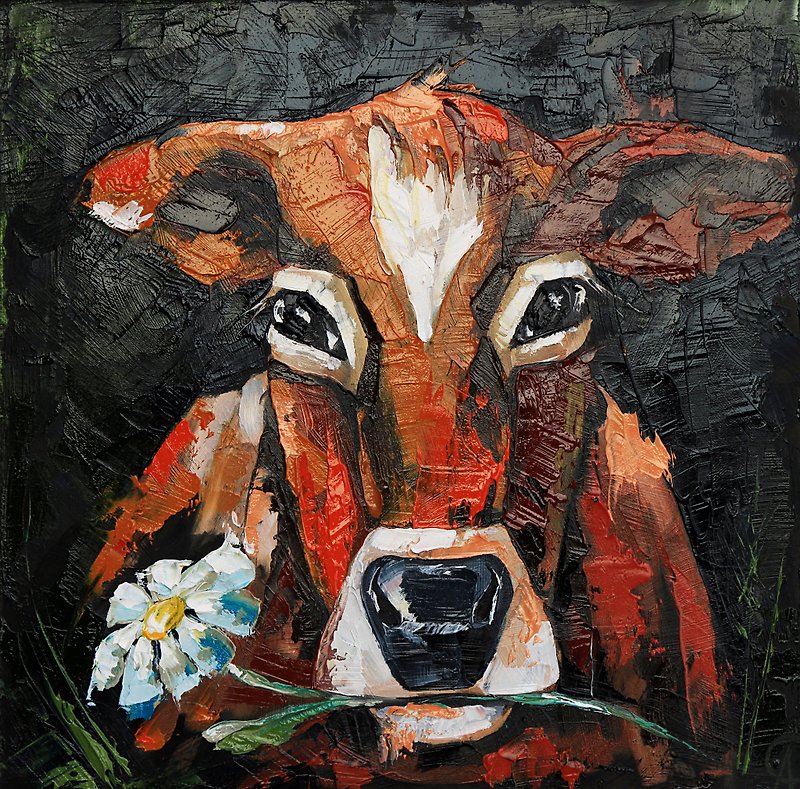 Cow Painting Farm Animal Original Art Small Oil Artwork 25by25 cm - Posters - Other Materials Black