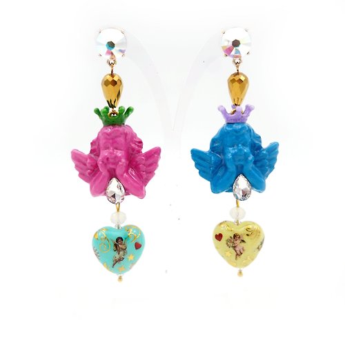 TIMBEE LO shop 【邱比特系列】彩色巴洛克圖案印花純手工製心型珠子配天使耳環
