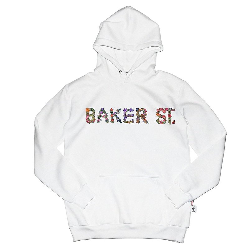 【英國 Baker Street 貝克街】中性款 - 純棉帽T - 花繪文字B款 - 帽T/大學T - 棉．麻 白色