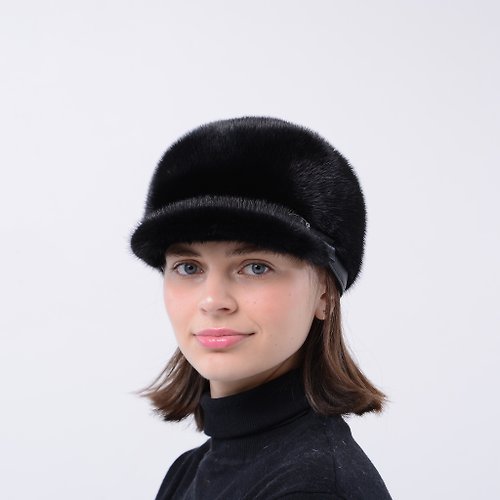 FurStyleUA Warm Winter Women's Mink Jockey Cap Made Of Real Luxurious Mink Fur Black Color