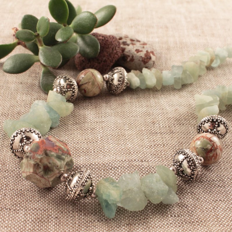 Aquamarine Ocean Jasper Necklace Teal Green Stone Large Beaded Jewelry Necklace - Necklaces - Semi-Precious Stones Green