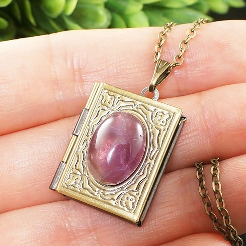 Amethyst Book Photo Locket Purple Violet Lilac Keepsake Pendant Necklace Jewelry - 項鍊 - 寶石 紫色