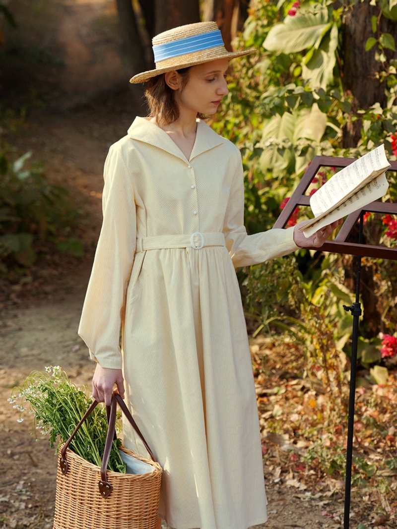 ECRU SOLIあっさり白はすでにフランス風の薄い黄色の縞模様の優雅な復古の襟の春夏のワンピースのロングスカートになりました。 - ワンピース - コットン・麻 イエロー