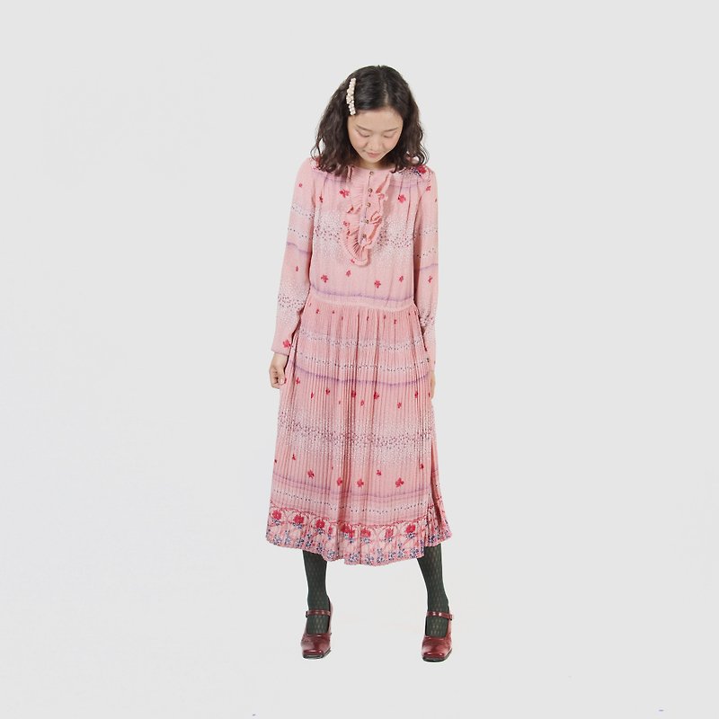 [Egg Plant Vintage] Sakura Stream of the River Printed Vintage Dress - ชุดเดรส - เส้นใยสังเคราะห์ สึชมพู