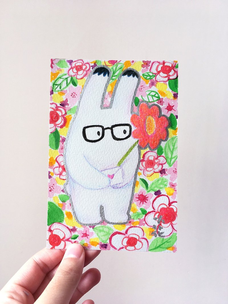 Bunny lover hand-painted original painting illustration card postcard - การ์ด/โปสการ์ด - กระดาษ หลากหลายสี