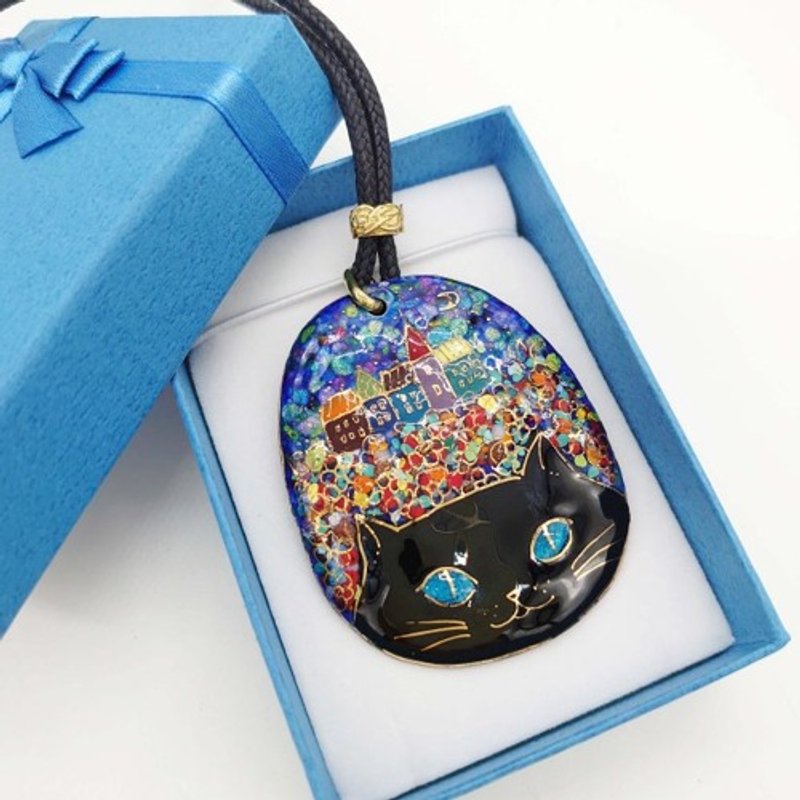 Night strolling cat - black cat - cloisonne pendant - สร้อยคอ - โลหะ สีดำ