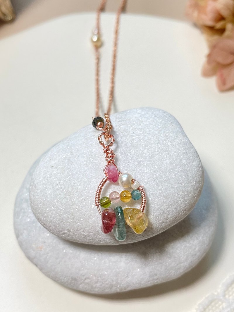 October birthstone tourmaline design necklace Morandi style style - สร้อยคอ - เครื่องเพชรพลอย หลากหลายสี