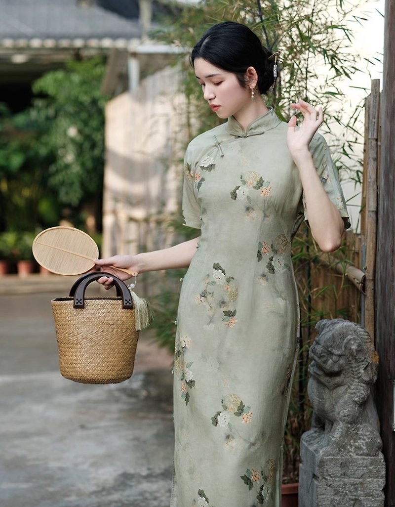 Lvwu New Chinese Retro Button Improved Cheongsam - One Piece Dresses - Other Materials Green