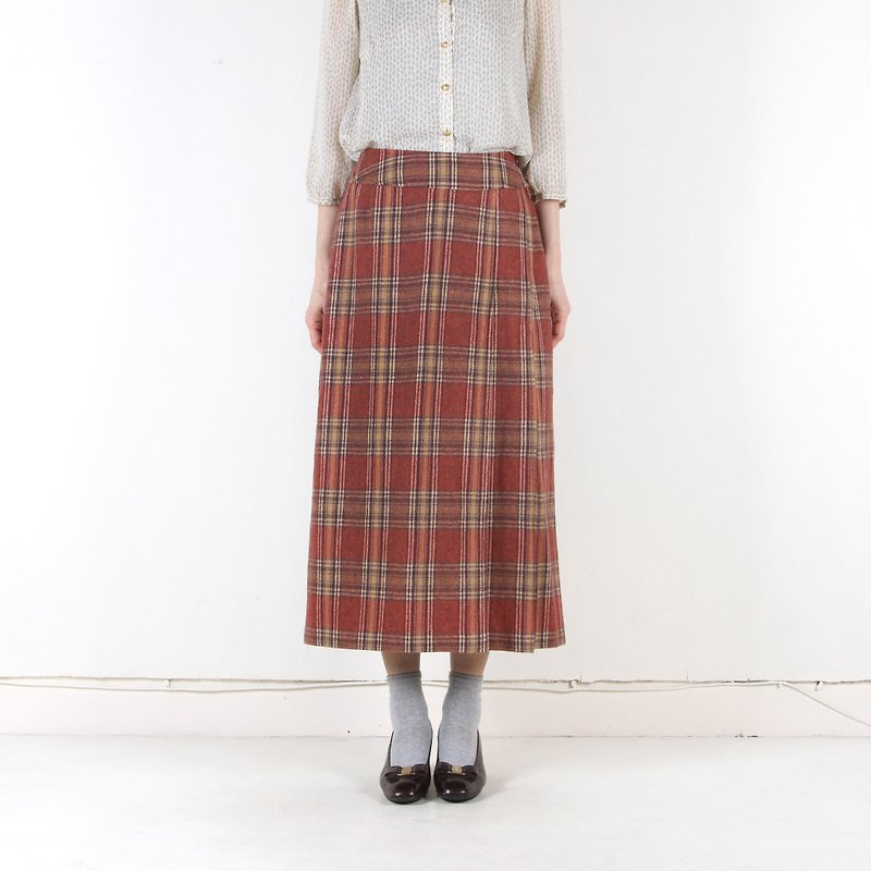 Ancient】 【egg plant brick plaid vintage wool dress - Skirts - Wool Red