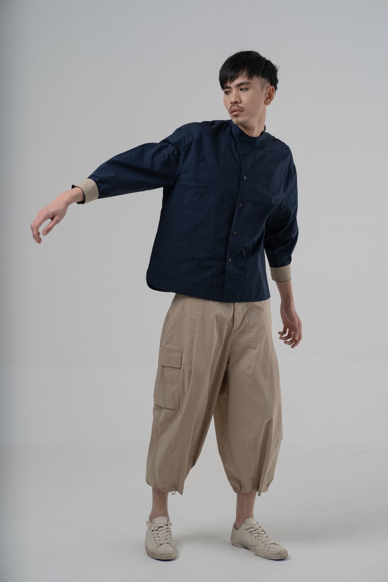 Curved Placket Shirt - 男襯衫/休閒襯衫 - 棉．麻 藍色