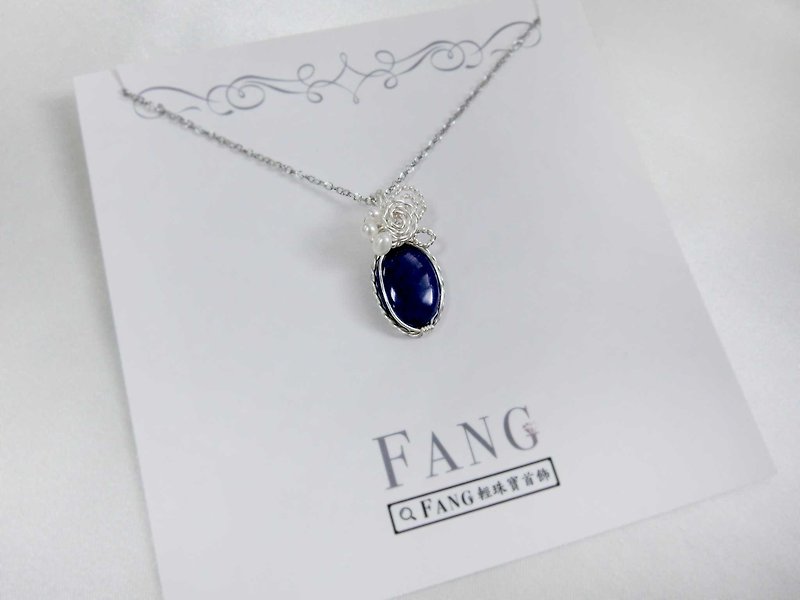 [Pearl lace] lapis lazuli stone package necklace - Necklaces - Gemstone Blue