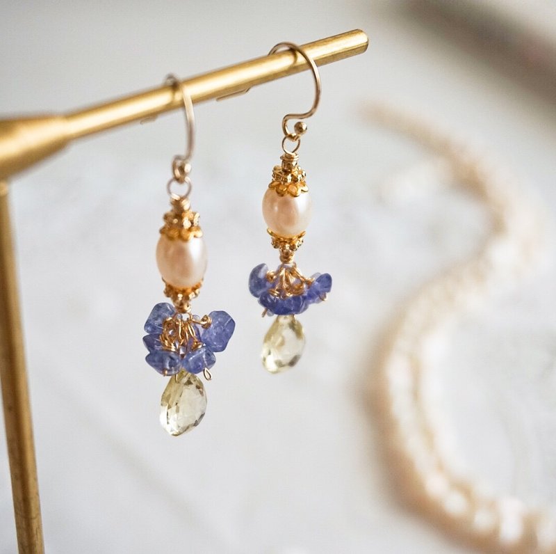 Printemps Freshwater Pearls Tanzanite Lemon Quartz Handmade Pierce Agete Style - Earrings & Clip-ons - Semi-Precious Stones 