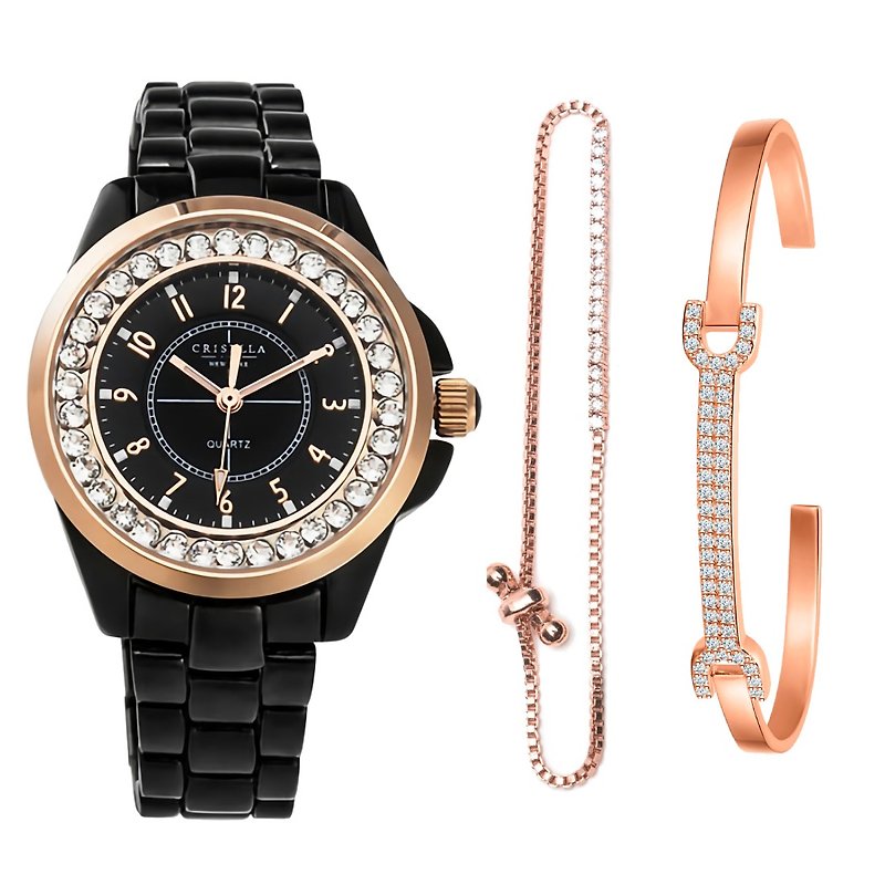 奧地利水晶閃爍石英手錶配閃爍手鏈手鐲套裝 - 女錶 - 其他金屬 多色