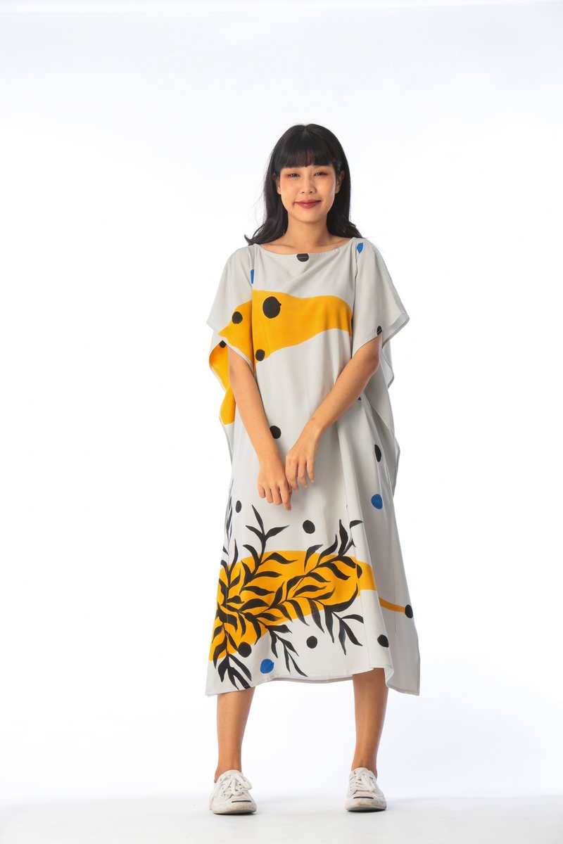 Hand Painted Cotton Rayon Kaftan for Summer Resort Vacation - 洋裝/連身裙 - 棉．麻 灰色