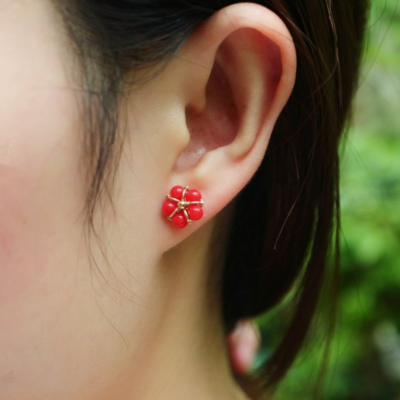 【Red Pearl】Coral earrings Italian Sardinia Coral Hand-wound 14k gold injection can be customized - Earrings & Clip-ons - Gemstone Red