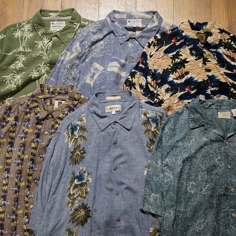 ผ้าฝ้าย/ผ้าลินิน เสื้อเชิ้ตผู้ชาย สีน้ำเงิน - About vintage clothing. Various Hawaiian shirts HA007-012