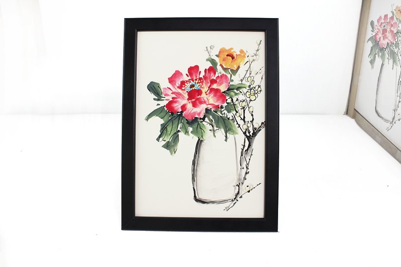 Hand-painted hanging peony vase Chinese painting ornaments (with picture frame) - Posters - Other Materials Red