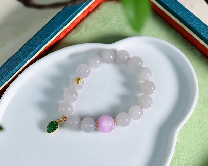 Natural high ice smoke purple Hetian jade bracelet ice smoke purple jade bracelet with purple spodumene lucky beads Silver inlaid jasper - Bracelets - Jade 