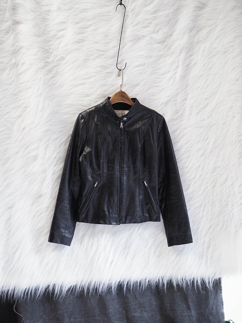 Kyoto bright black rock fallen youth girl antique cow leather leather zip jacket jacket vintage - เสื้อแจ็คเก็ต - หนังแท้ สีดำ
