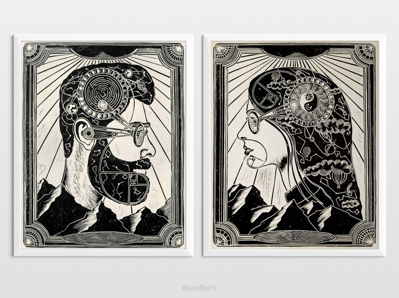 Set of 2 art Male and female portrait with constellations Linocut print - 海報/掛畫/掛布 - 紙 黑色